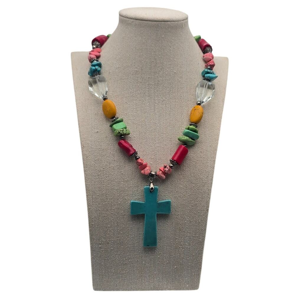 Turquoise Cross Multicolor Beaded Necklace Pendant - Boho Southwest Statement